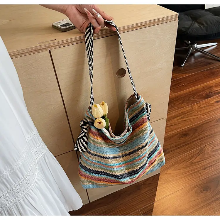 Rainbow Straw Commuting Tote Bag Large Capacity - Image 2