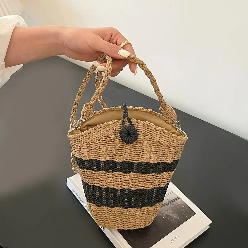 Straw Beach Bag Black Stripes Large Capacity - Image 6