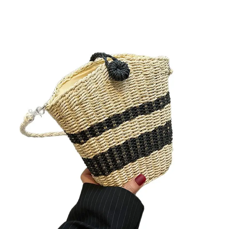 Straw Beach Bag Black Stripes Large Capacity - Image 7