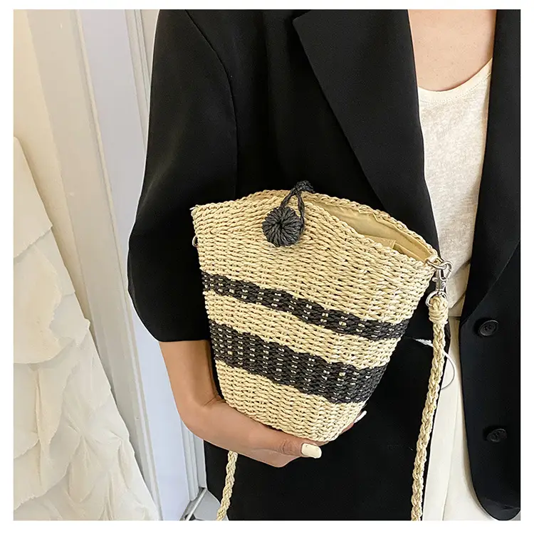 Straw Beach Bag Black Stripes Large Capacity — feature 11