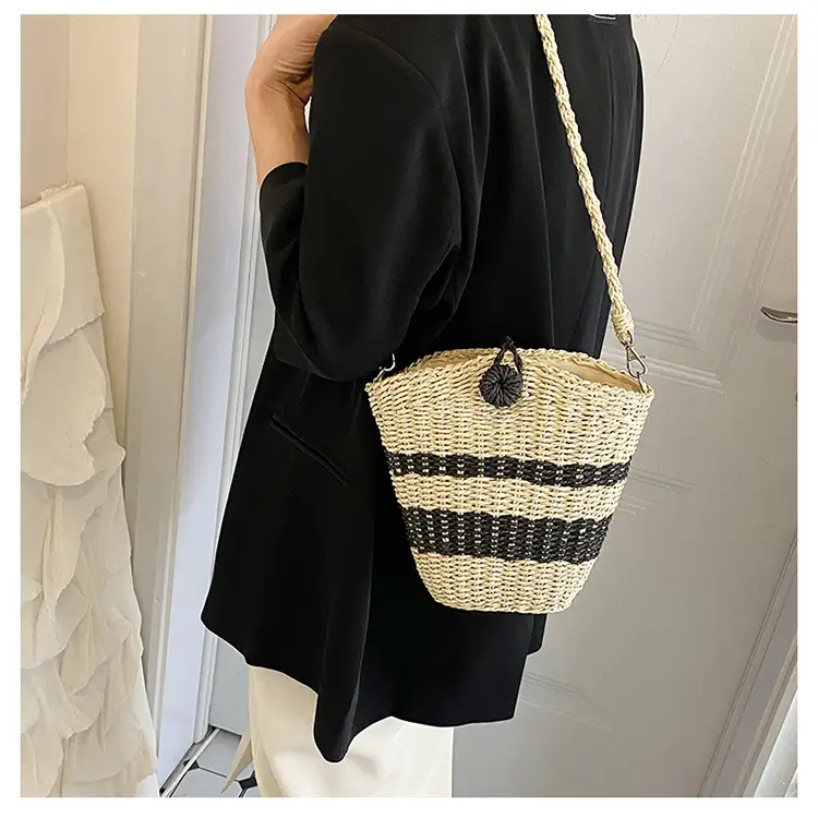 Straw Beach Bag Black Stripes Large Capacity — feature 13