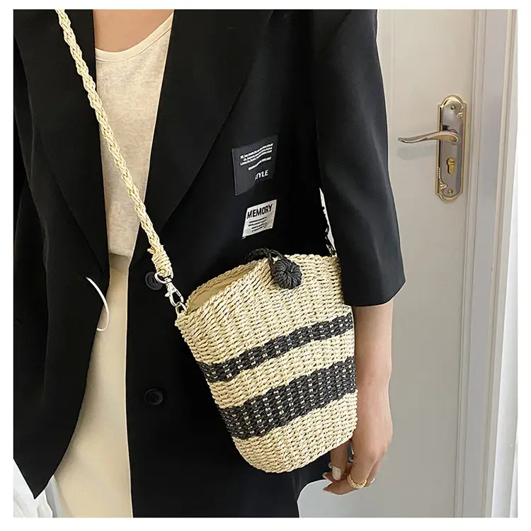 Straw Beach Bag Black Stripes Large Capacity — feature 14