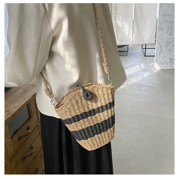 Straw Beach Bag Black Stripes Large Capacity — feature 16