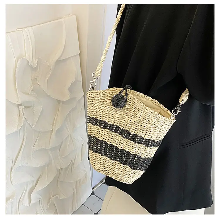 Straw Beach Bag Black Stripes Large Capacity — feature 17