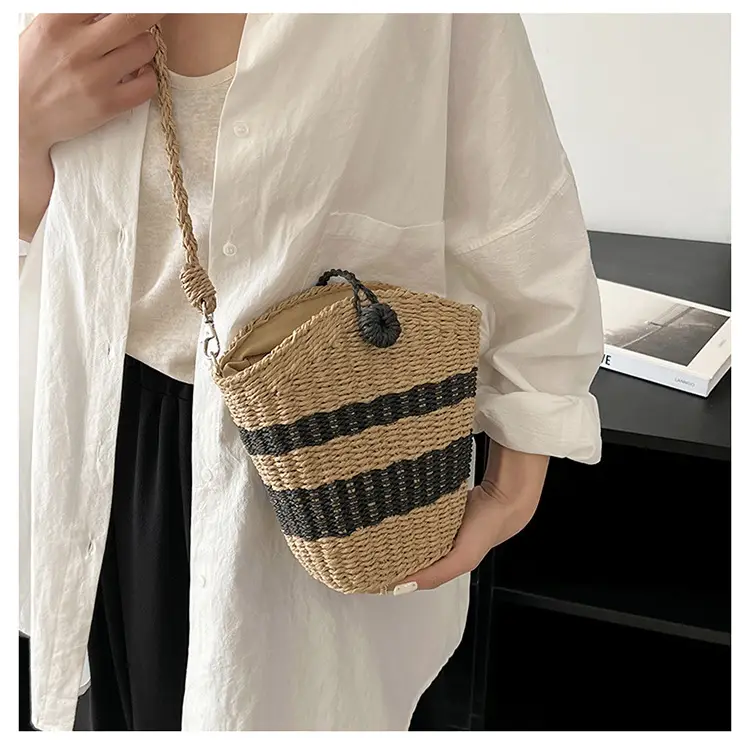 Straw Beach Bag Black Stripes Large Capacity — feature 18