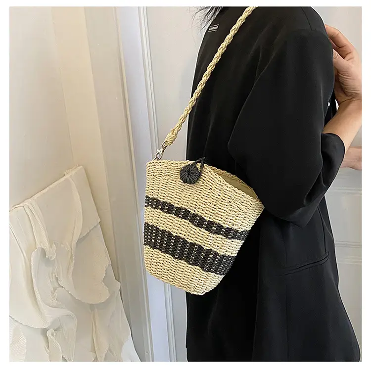 Straw Beach Bag Black Stripes Large Capacity — feature 19