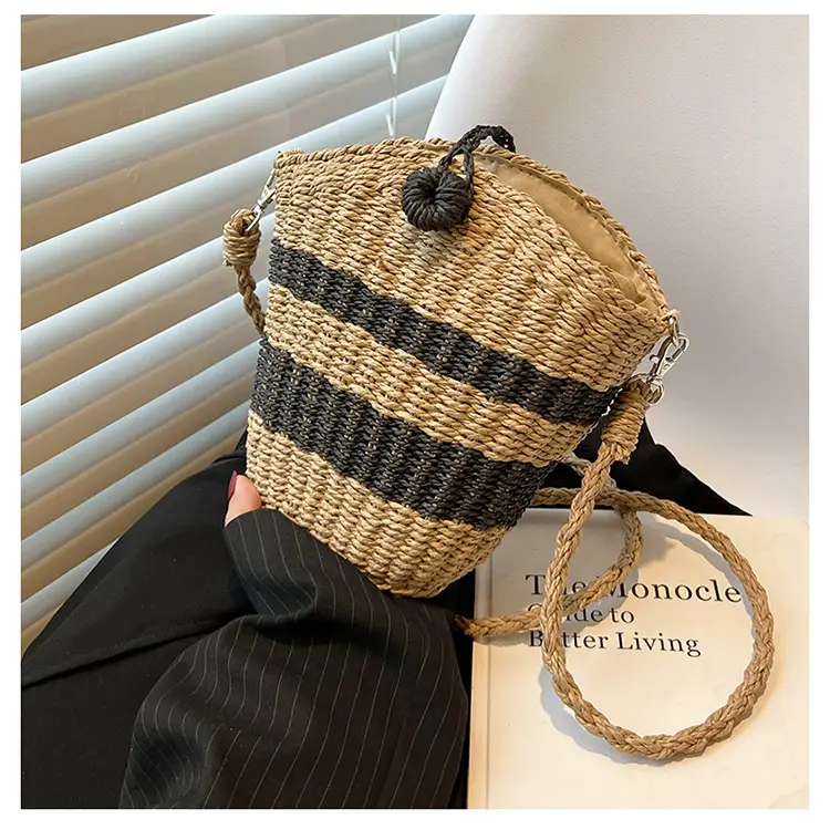 Straw Beach Bag Black Stripes Large Capacity — feature 21