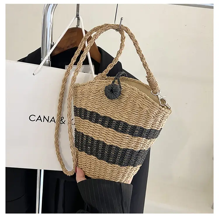 Straw Beach Bag Black Stripes Large Capacity — feature 22