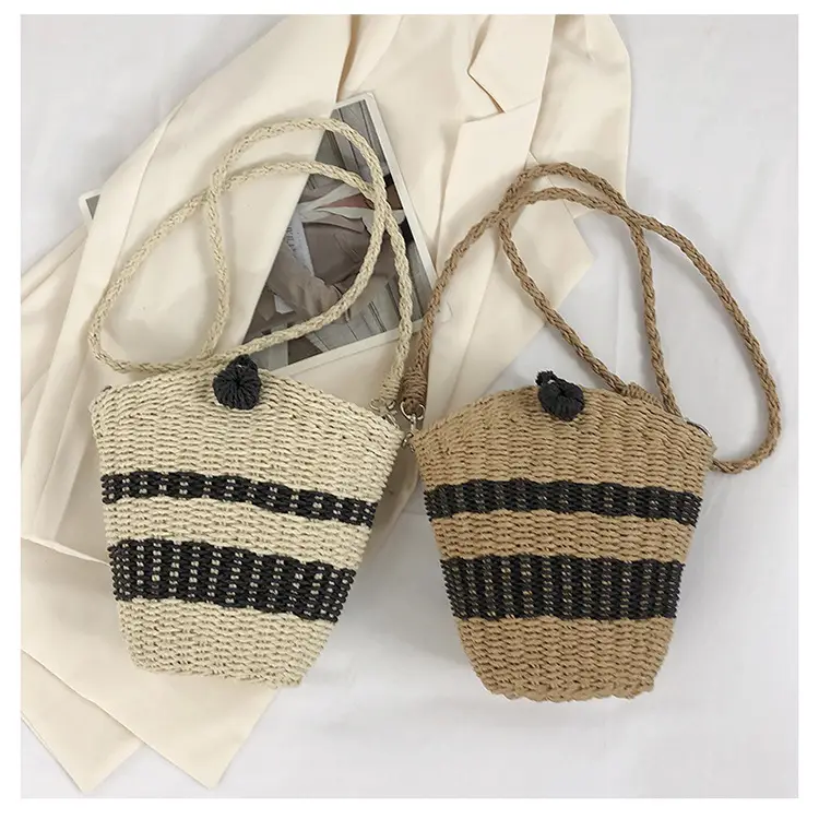 Straw Beach Bag Black Stripes Large Capacity — feature 3