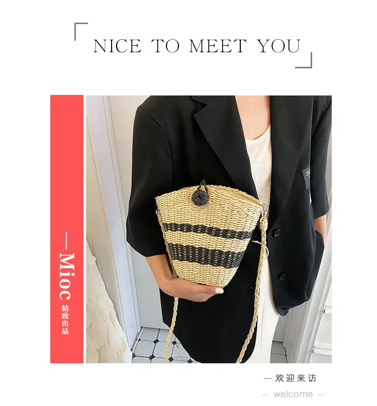 Straw Beach Bag Black Stripes Large Capacity — feature 5