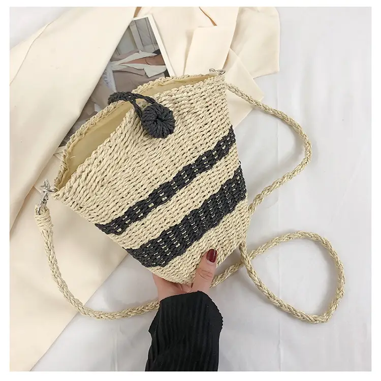 Straw Beach Bag Black Stripes Large Capacity — feature 9