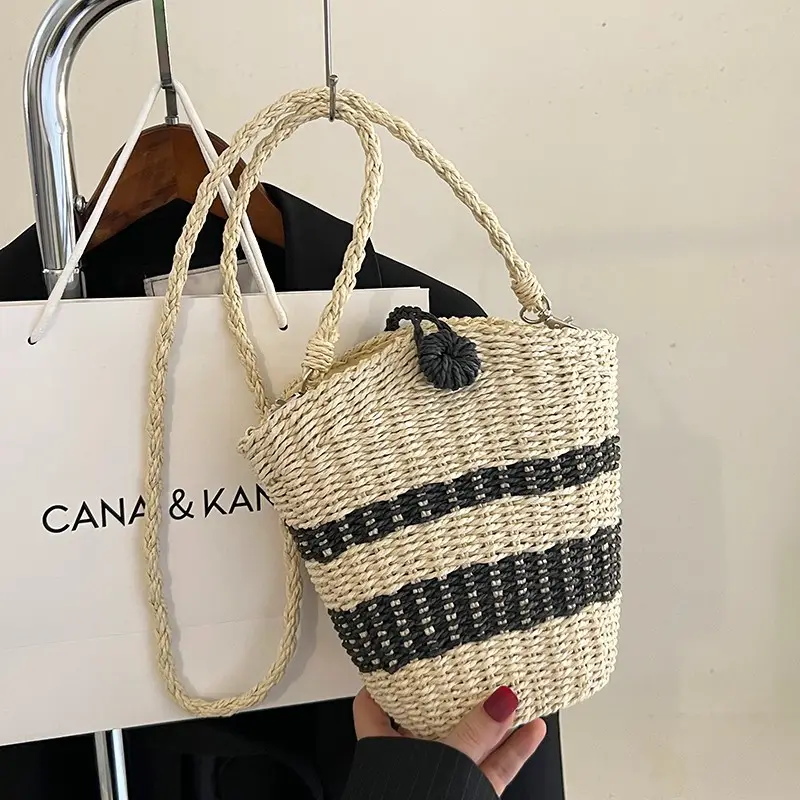 Straw Beach Bag Black Stripes Large Capacity - Image 2