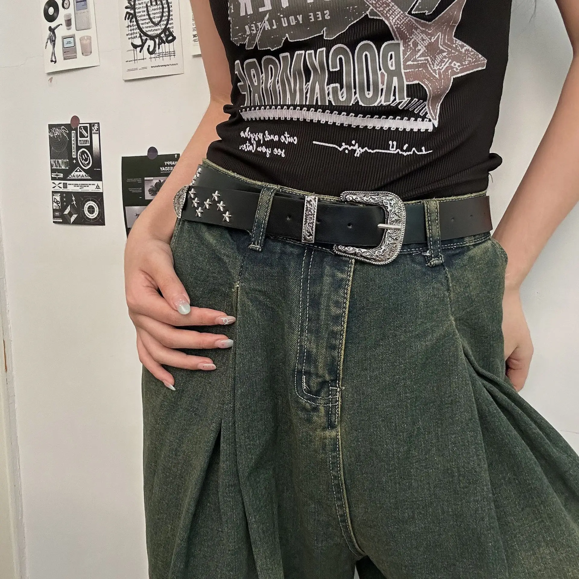 Women European American Y2K Belt Leather Chain Rhinestone High Waist - Image 3