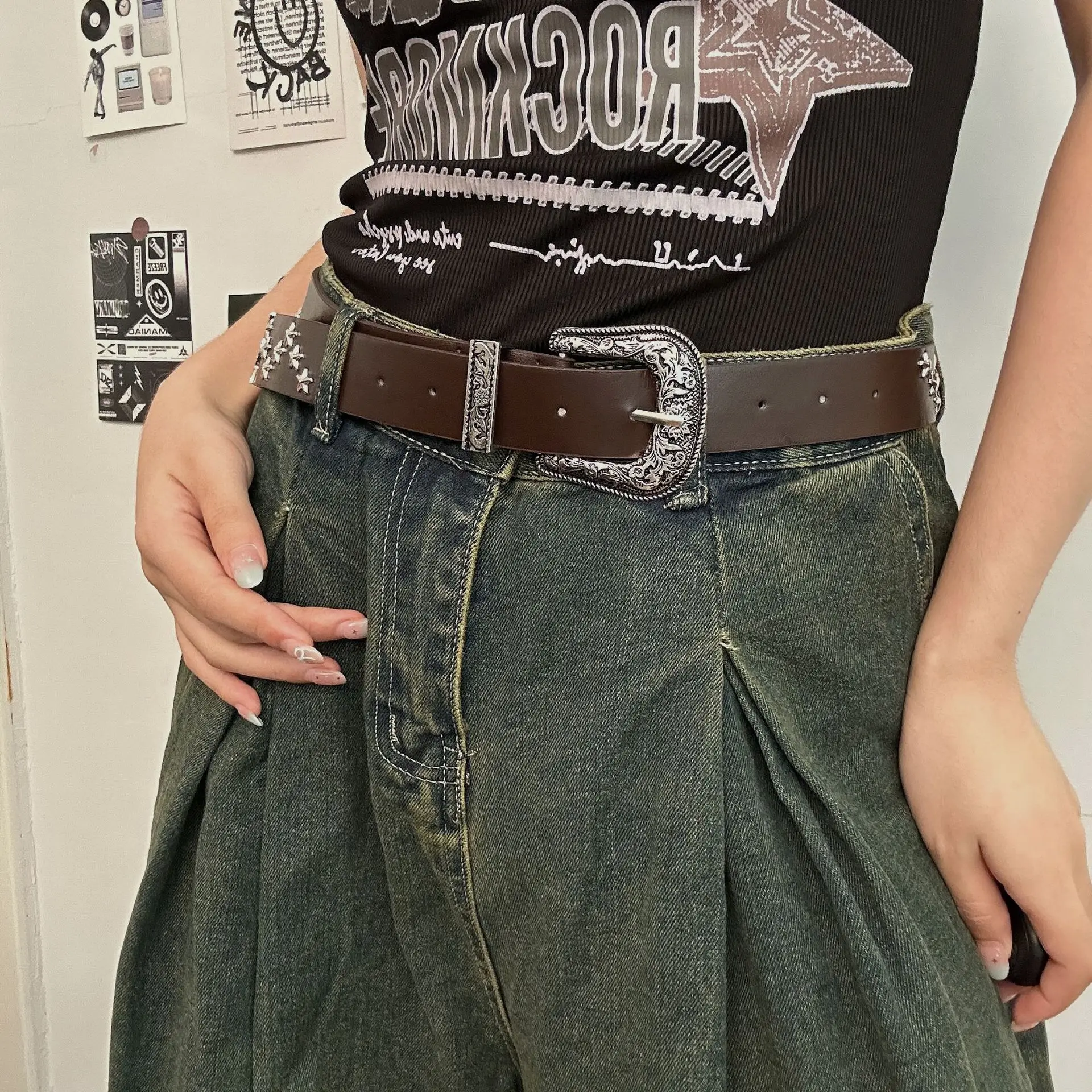 Women European American Y2K Belt Leather Chain Rhinestone High Waist - Image 4