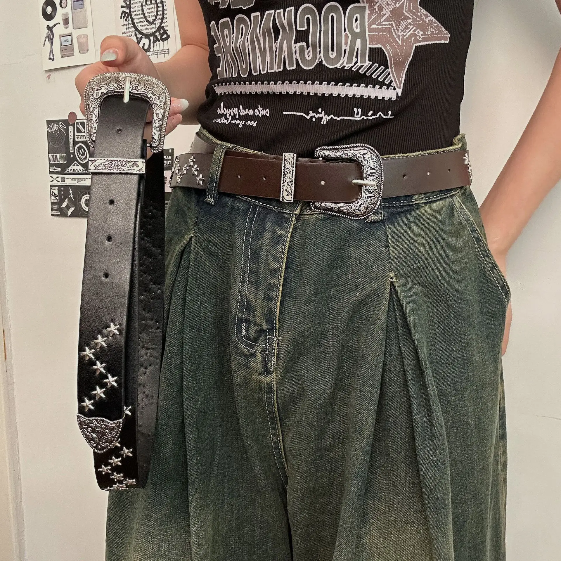 Women European American Y2K Belt Leather Chain Rhinestone High Waist — feature 3
