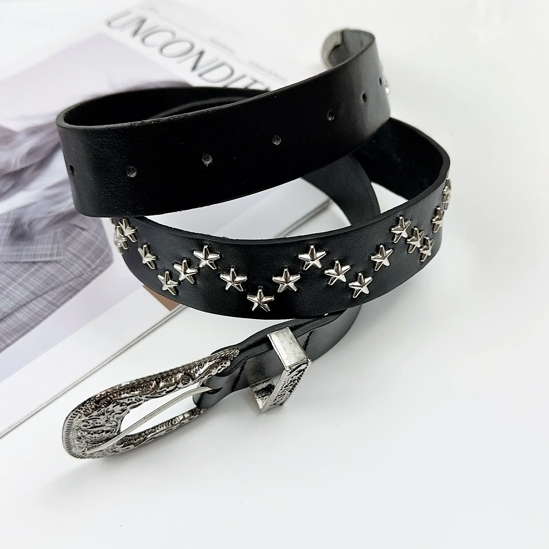 Women European American Y2K Belt Leather Chain Rhinestone High Waist — feature 8