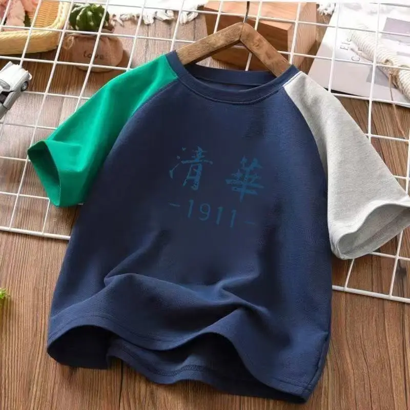2025 Summer Boys Cotton T-Shirt Navy Blue Medium Large - Image 4
