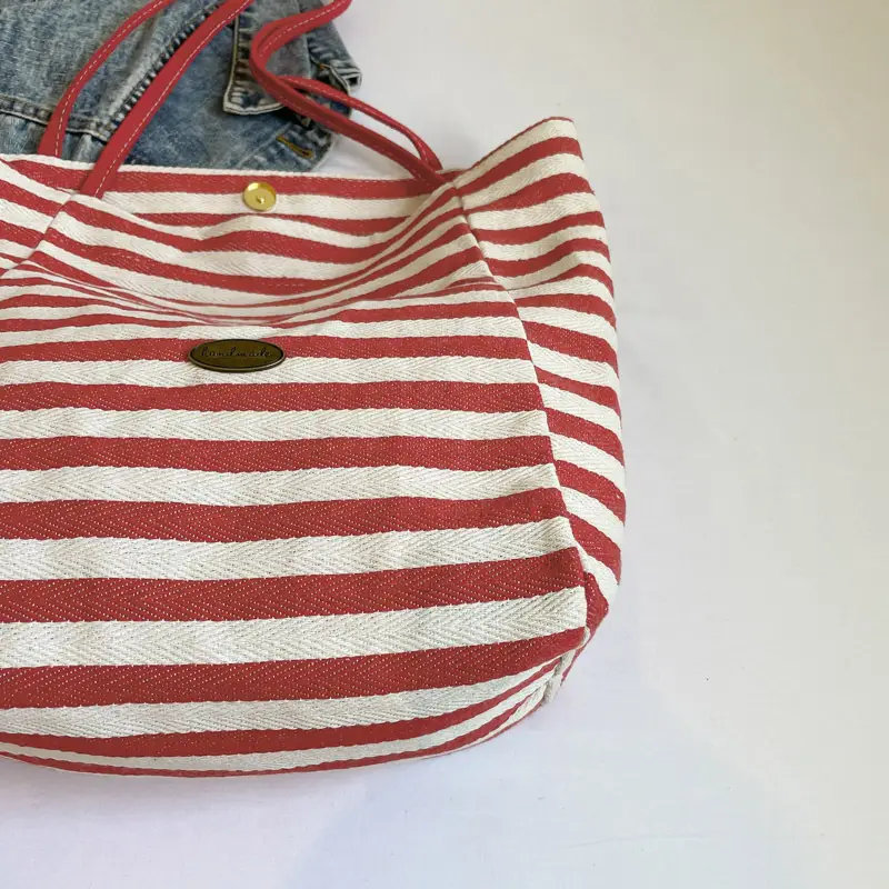 Red Striped Canvas Tote Bag for Women Single Shoulder Large Capacity - Image 6