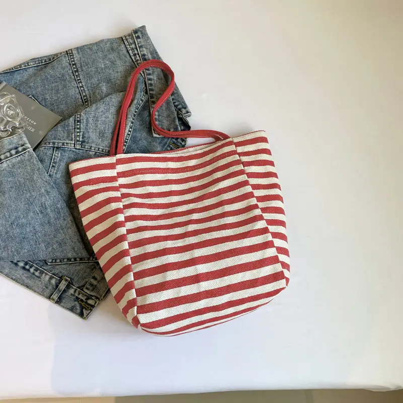 Red Striped Canvas Tote Bag for Women Single Shoulder Large Capacity - Image 7