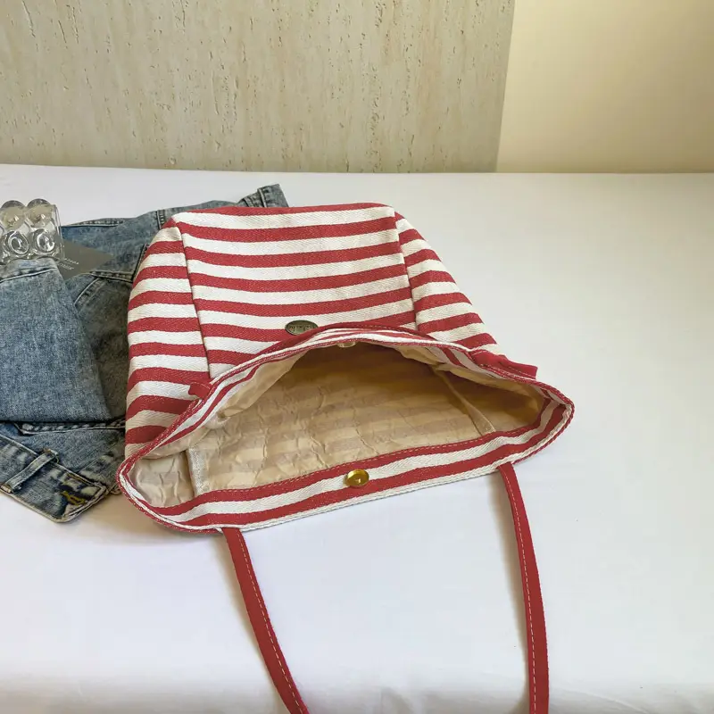 Red Striped Canvas Tote Bag for Women Single Shoulder Large Capacity - Image 8