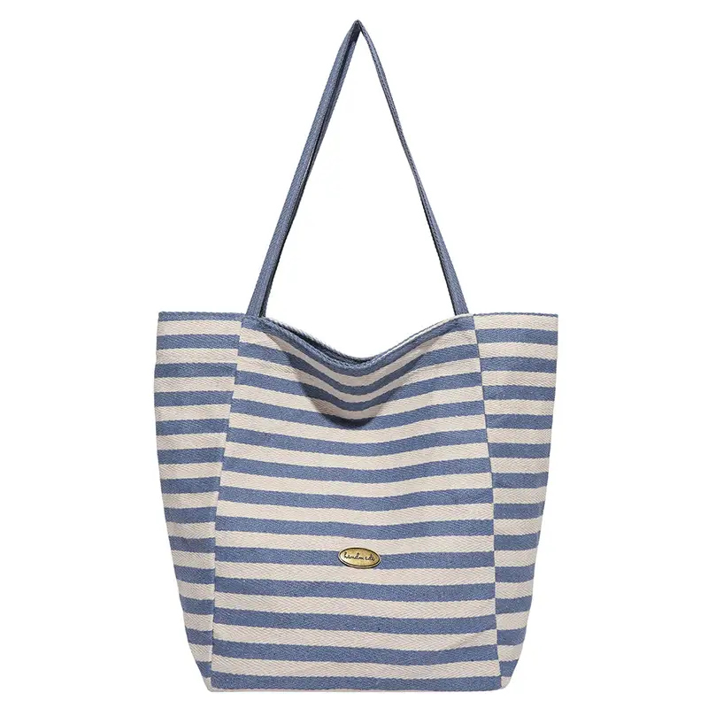 Red Striped Canvas Tote Bag for Women Single Shoulder Large Capacity - Image 9