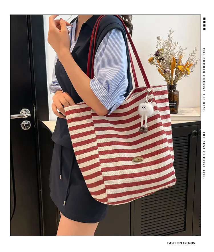 Red Striped Canvas Tote Bag for Women Single Shoulder Large Capacity — feature 1