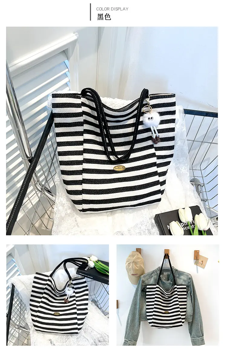 Red Striped Canvas Tote Bag for Women Single Shoulder Large Capacity — feature 10