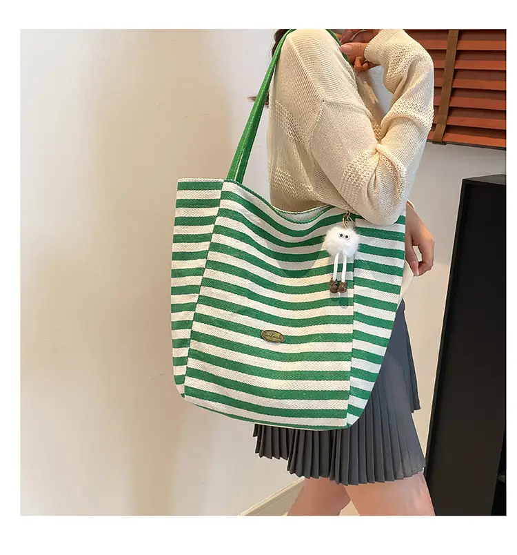 Red Striped Canvas Tote Bag for Women Single Shoulder Large Capacity — feature 15