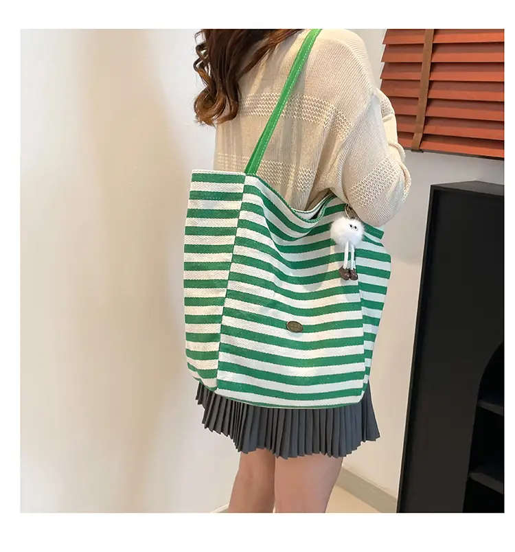 Red Striped Canvas Tote Bag for Women Single Shoulder Large Capacity — feature 16