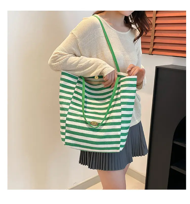 Red Striped Canvas Tote Bag for Women Single Shoulder Large Capacity — feature 20