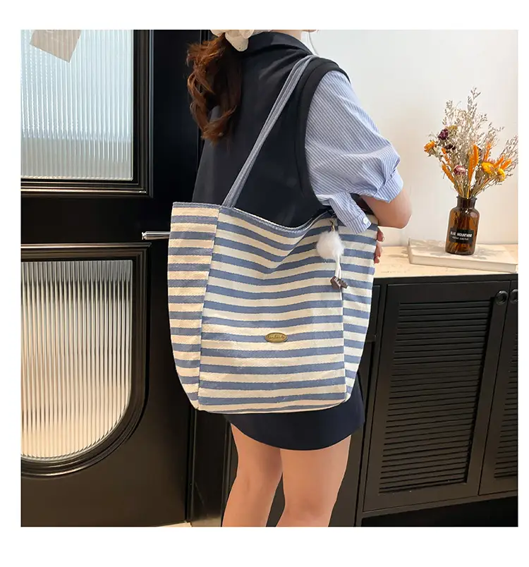 Red Striped Canvas Tote Bag for Women Single Shoulder Large Capacity — feature 23