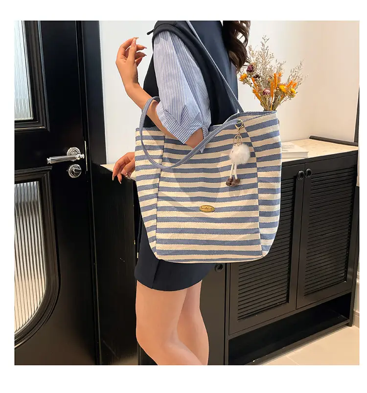 Red Striped Canvas Tote Bag for Women Single Shoulder Large Capacity — feature 25