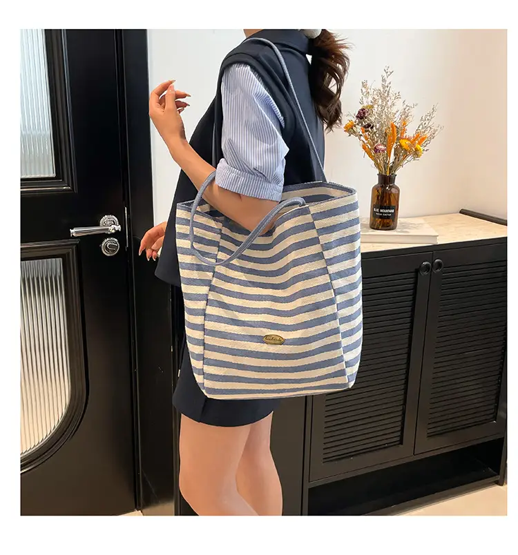 Red Striped Canvas Tote Bag for Women Single Shoulder Large Capacity — feature 28