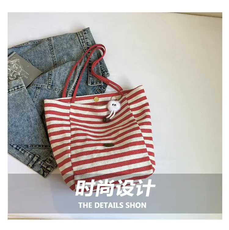 Red Striped Canvas Tote Bag for Women Single Shoulder Large Capacity — feature 3