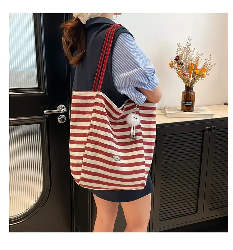 Red Striped Canvas Tote Bag for Women Single Shoulder Large Capacity — feature 30
