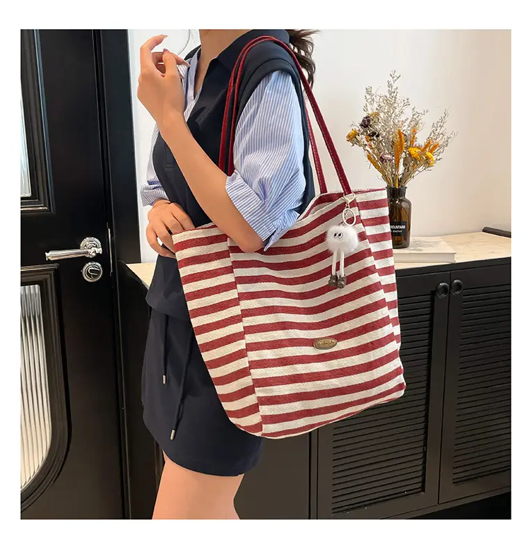 Red Striped Canvas Tote Bag for Women Single Shoulder Large Capacity — feature 31