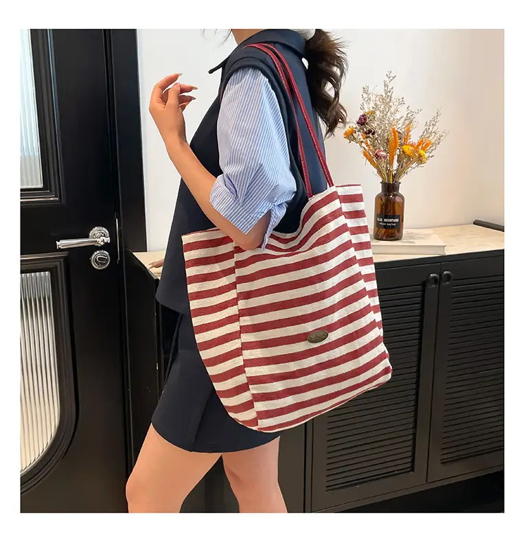 Red Striped Canvas Tote Bag for Women Single Shoulder Large Capacity — feature 34