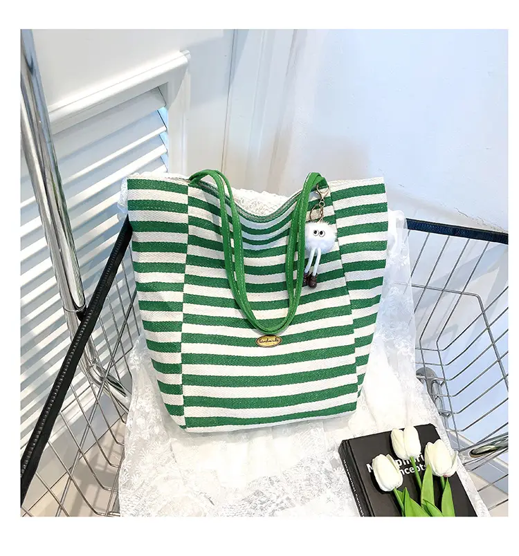Red Striped Canvas Tote Bag for Women Single Shoulder Large Capacity — feature 37
