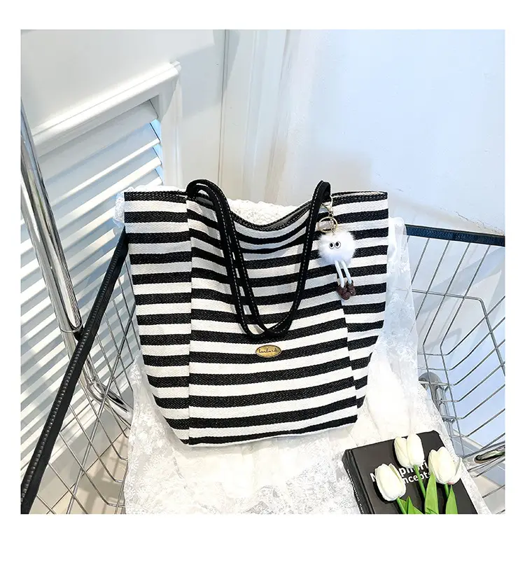 Red Striped Canvas Tote Bag for Women Single Shoulder Large Capacity — feature 38
