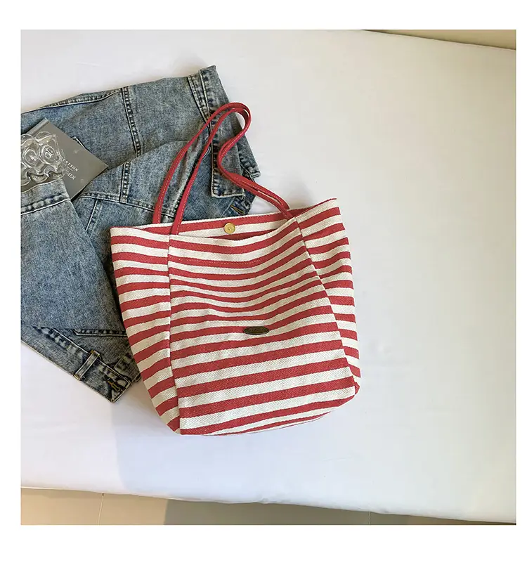 Red Striped Canvas Tote Bag for Women Single Shoulder Large Capacity — feature 41