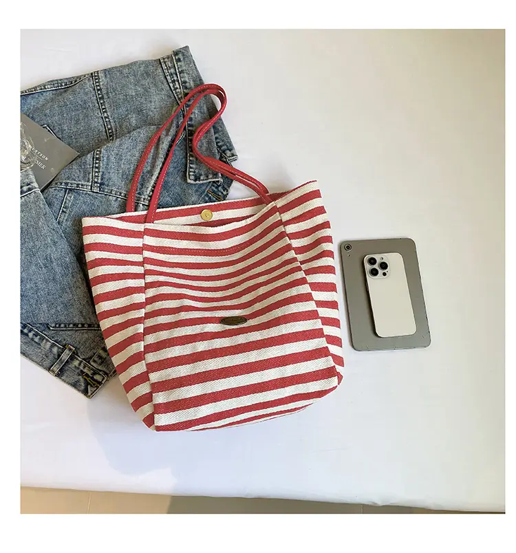 Red Striped Canvas Tote Bag for Women Single Shoulder Large Capacity — feature 42