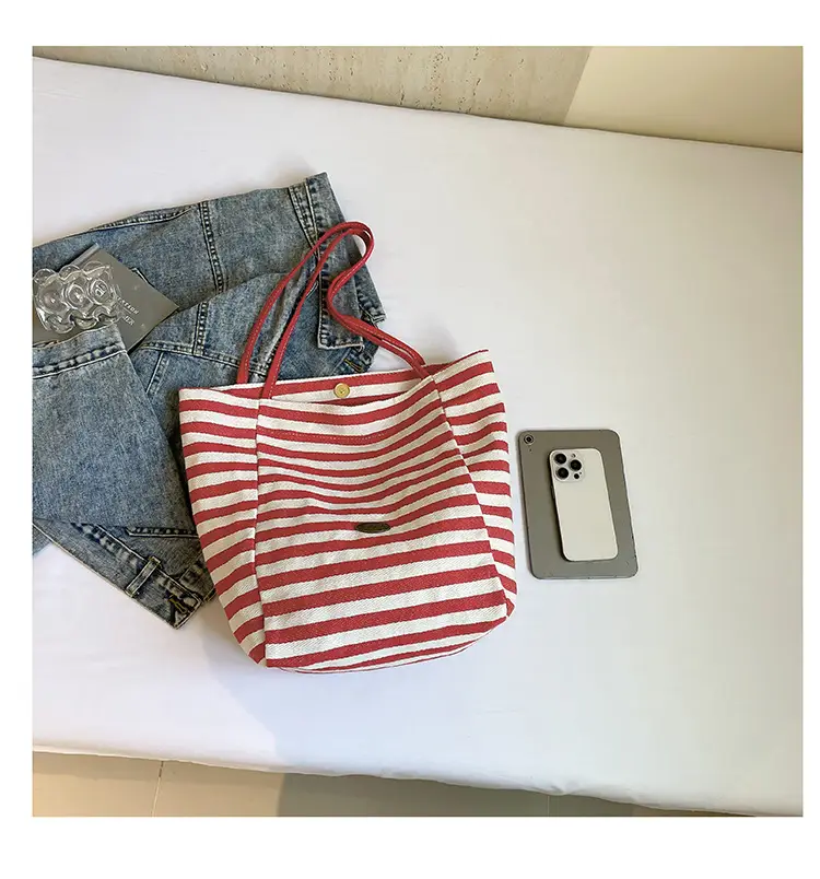 Red Striped Canvas Tote Bag for Women Single Shoulder Large Capacity — feature 43