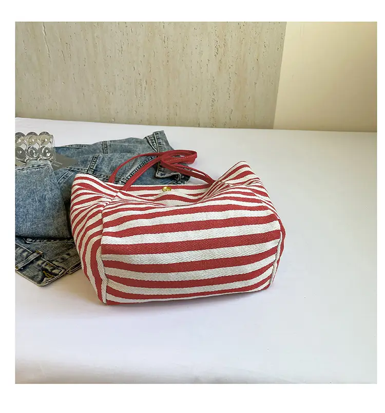 Red Striped Canvas Tote Bag for Women Single Shoulder Large Capacity — feature 46