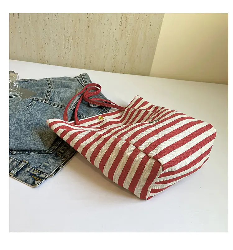 Red Striped Canvas Tote Bag for Women Single Shoulder Large Capacity — feature 47