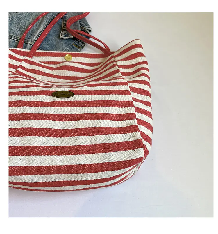 Red Striped Canvas Tote Bag for Women Single Shoulder Large Capacity — feature 48