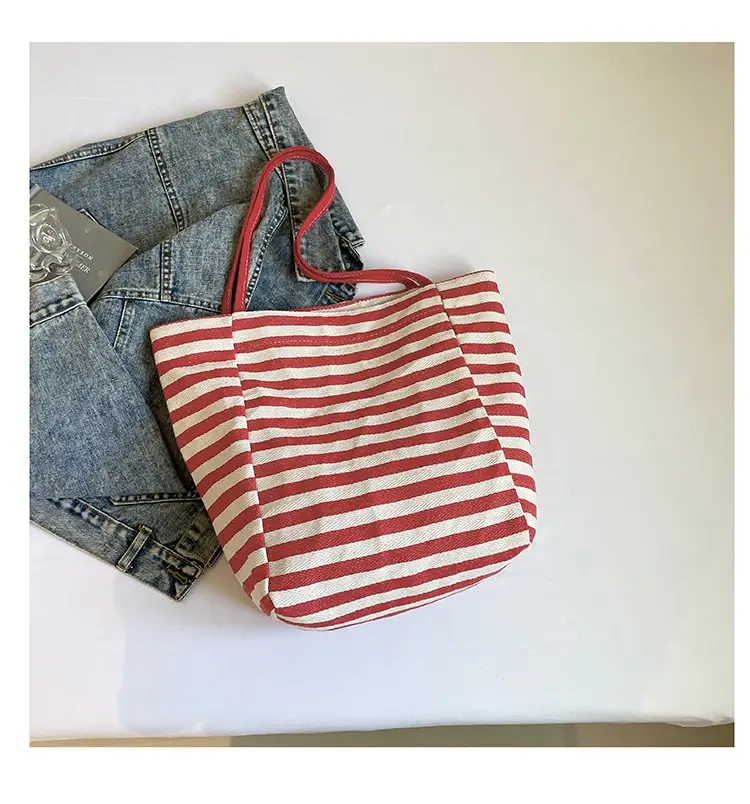 Red Striped Canvas Tote Bag for Women Single Shoulder Large Capacity — feature 49