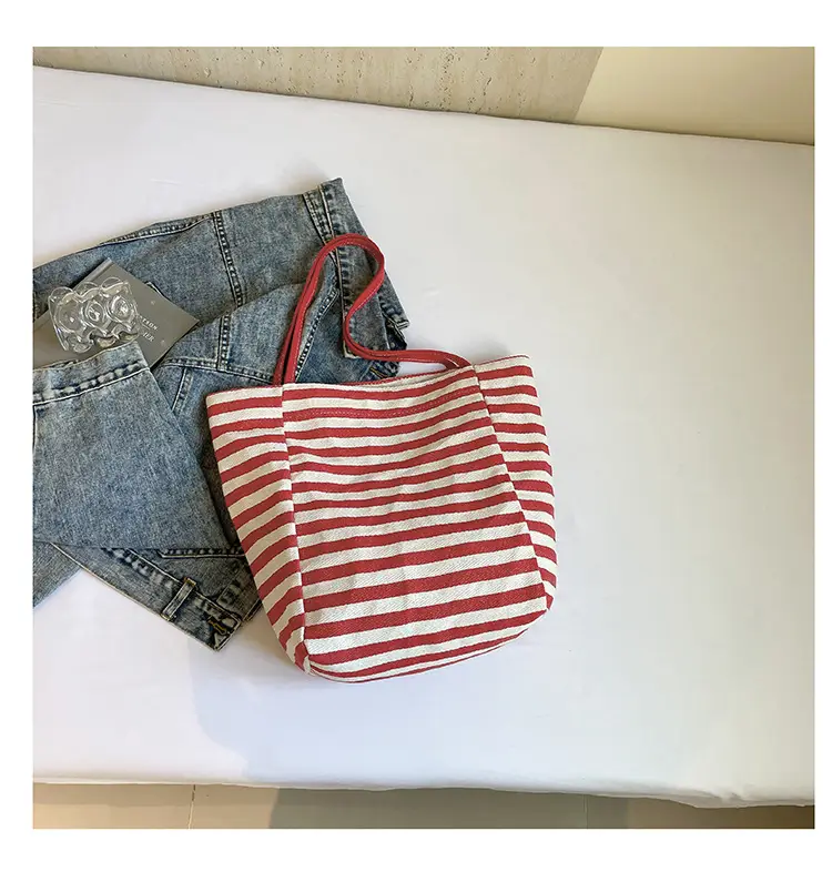 Red Striped Canvas Tote Bag for Women Single Shoulder Large Capacity — feature 50