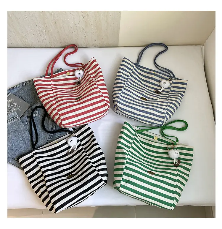 Red Striped Canvas Tote Bag for Women Single Shoulder Large Capacity — feature 8