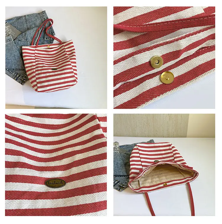 Red Striped Canvas Tote Bag for Women Single Shoulder Large Capacity — feature 9