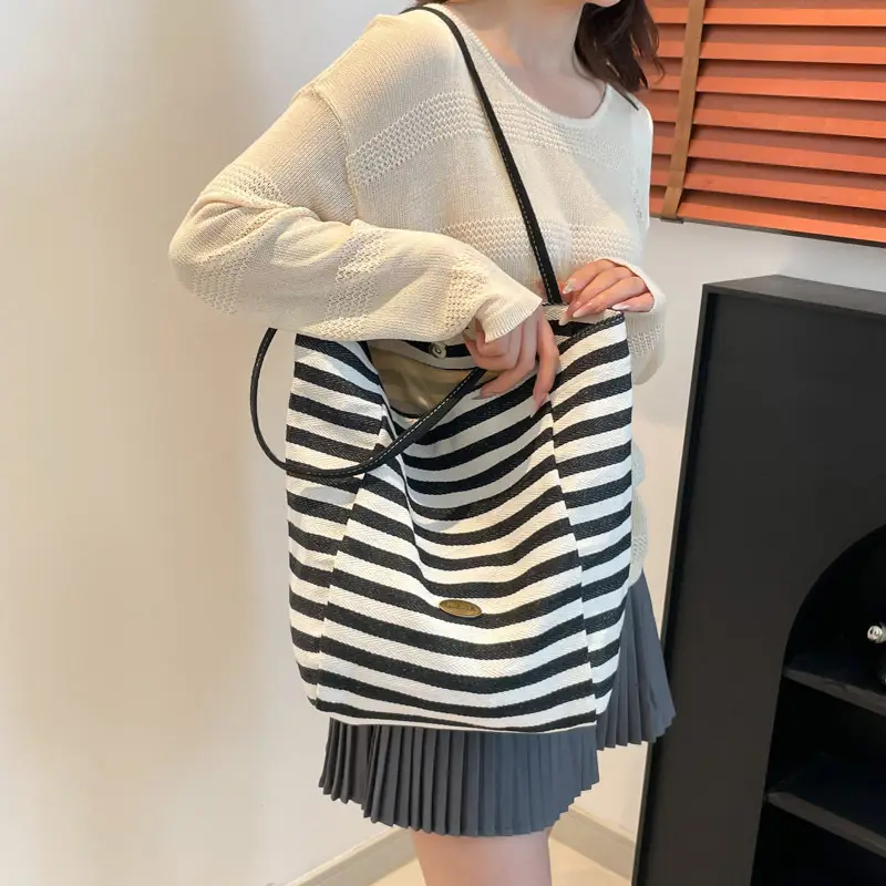 Red Striped Canvas Tote Bag for Women Single Shoulder Large Capacity - Image 2